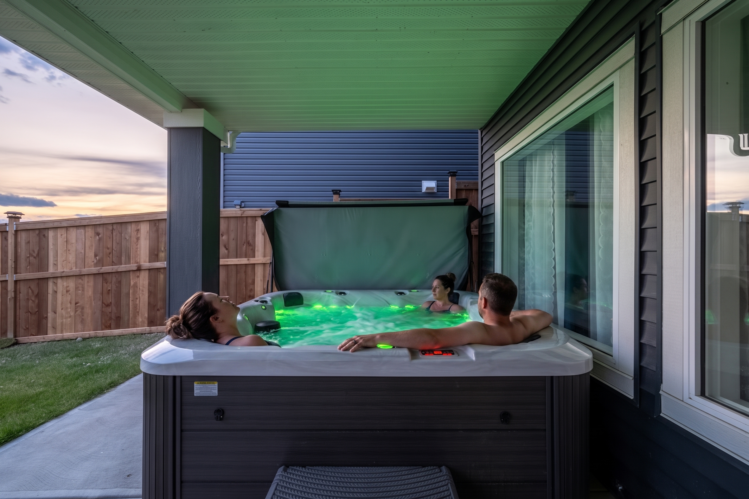Private 6-seater hot tub at sunset — GSC Stays 5-bedroom Calgary vacation rental with hot tub